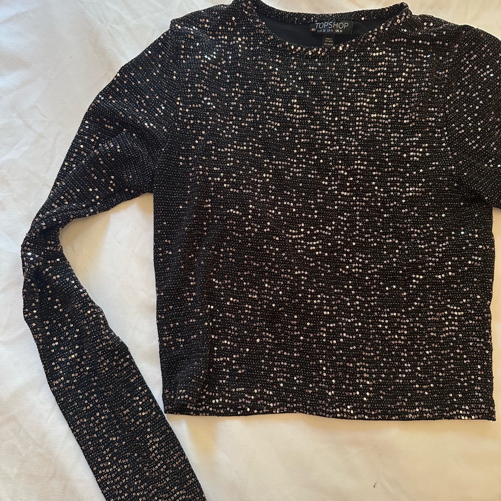 Topshop Black Sequin Cropped Hoodie